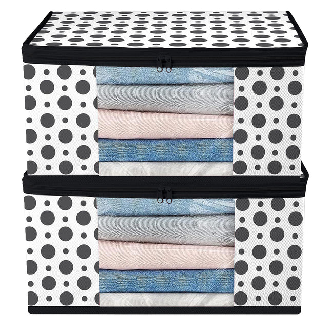 White & Black Polka Dot Printed Clothes Storage Organizer Box with Transparent Window and Zip Closure