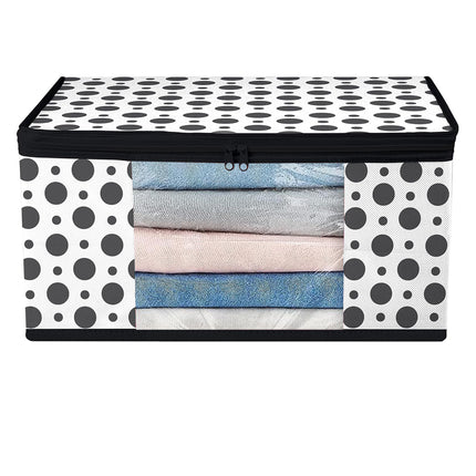 White & Black Polka Dot Printed Clothes Storage Organizer Box with Transparent Window and Zip Closure