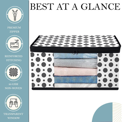 White & Black Polka Dot Printed Clothes Storage Organizer Box with Transparent Window and Zip Closure