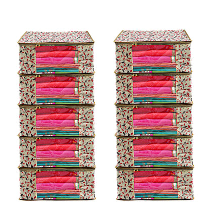 Beige Leaf Printed Clothes Storage Organizer Box with Transparent Window and Zip Closure