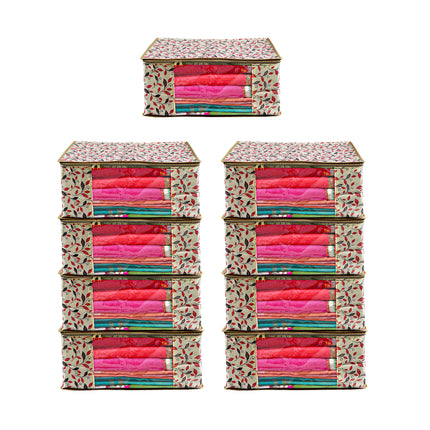 Beige Leaf Printed Clothes Storage Organizer Box with Transparent Window and Zip Closure