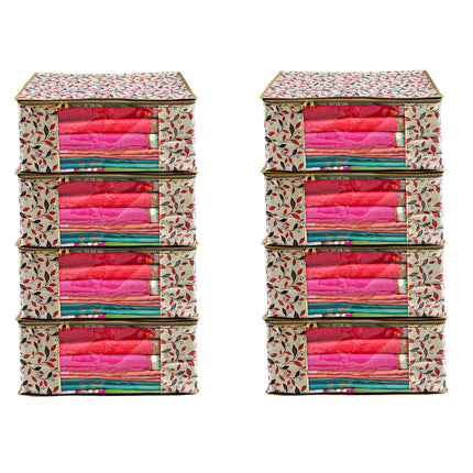 Beige Leaf Printed Clothes Storage Organizer Box with Transparent Window and Zip Closure
