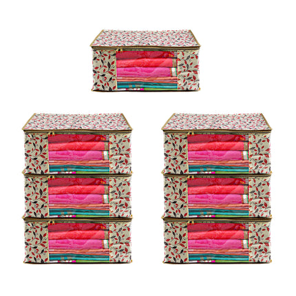 Beige Leaf Printed Clothes Storage Organizer Box with Transparent Window and Zip Closure