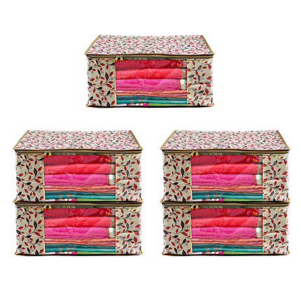 Beige Leaf Printed Clothes Storage Organizer Box with Transparent Window and Zip Closure