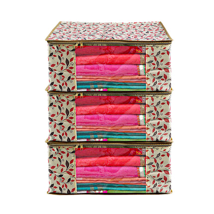 Beige Leaf Printed Clothes Storage Organizer Box with Transparent Window and Zip Closure