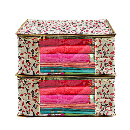 Beige Leaf Printed Clothes Storage Organizer Box with Transparent Window and Zip Closure