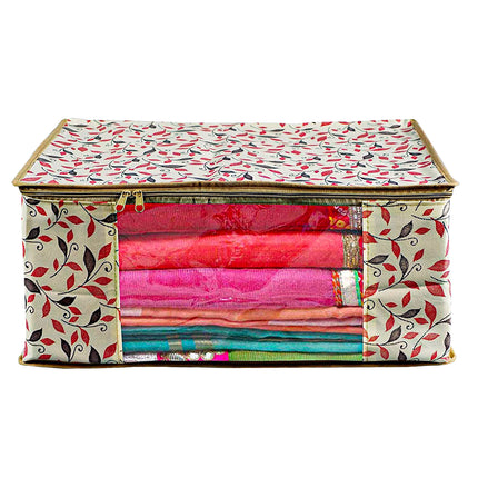 Beige Leaf Printed Clothes Storage Organizer Box with Transparent Window and Zip Closure