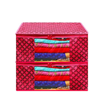 Pink Geometric Printed Clothes Storage Organizer Box with Transparent Window and Zip Closure