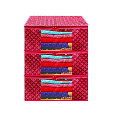 Pink Geometric Printed Clothes Storage Organizer Box with Transparent Window and Zip Closure