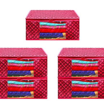 Pink Geometric Printed Clothes Storage Organizer Box with Transparent Window and Zip Closure