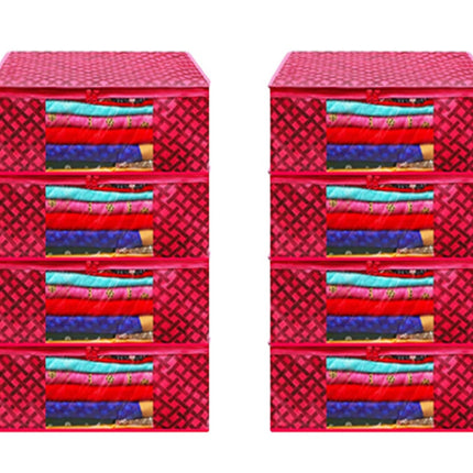 Pink Geometric Printed Clothes Storage Organizer Box with Transparent Window and Zip Closure