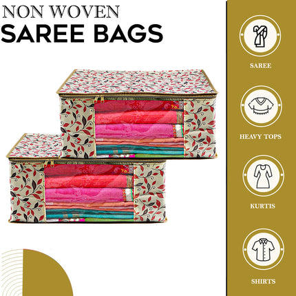 Beige Leaf Printed Clothes Storage Organizer Box with Transparent Window and Zip Closure