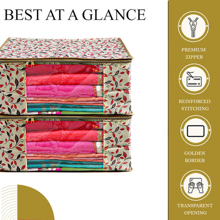 Beige Leaf Printed Clothes Storage Organizer Box with Transparent Window and Zip Closure
