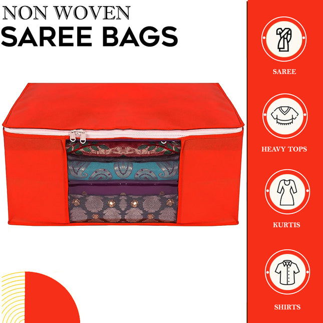 Red Saree Storage Cover with Zip & Transparent Window