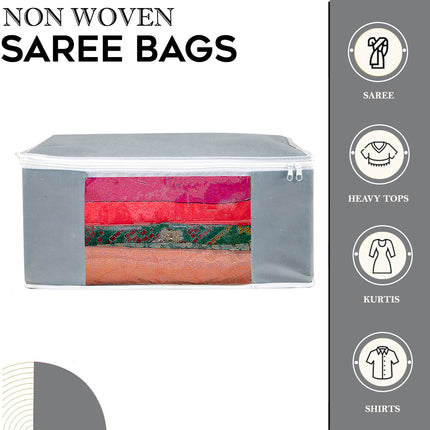 Grey Saree Storage Cover with Zip & Transparent Window
