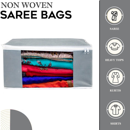 Grey Saree Storage Cover with Zip & Transparent Window