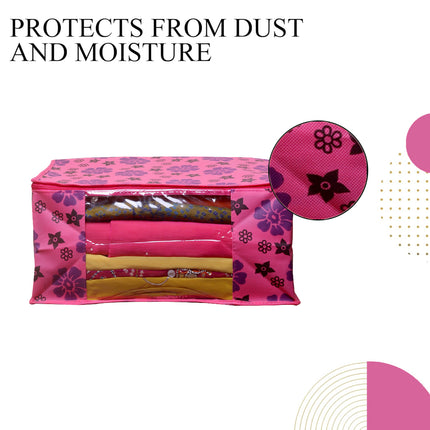 Pink Floral Printed Clothes Storage Organizer Box with Transparent Window and Zip Closure
