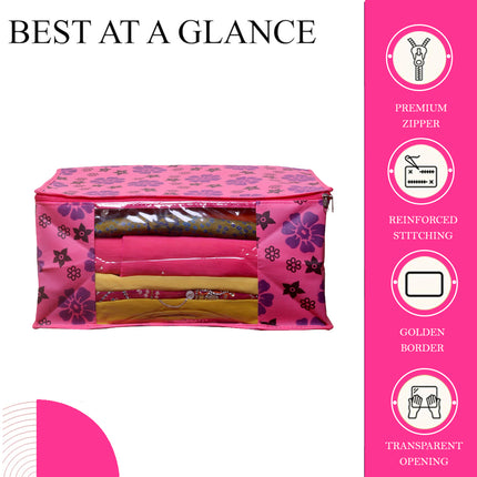 Pink Floral Printed Clothes Storage Organizer Box with Transparent Window and Zip Closure