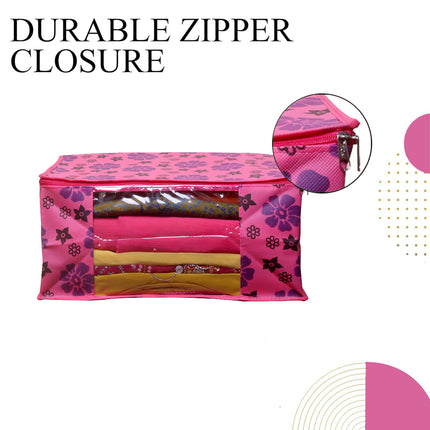 Pink Floral Printed Clothes Storage Organizer Box with Transparent Window and Zip Closure