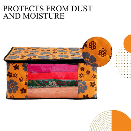 Orange Floral Printed Clothes Storage Organizer Box with Transparent Window and Zip Closure