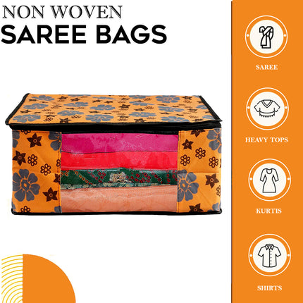 Orange Floral Printed Clothes Storage Organizer Box with Transparent Window and Zip Closure
