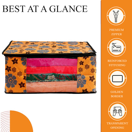 Orange Floral Printed Clothes Storage Organizer Box with Transparent Window and Zip Closure