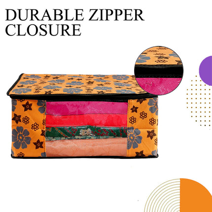 Orange Floral Printed Clothes Storage Organizer Box with Transparent Window and Zip Closure