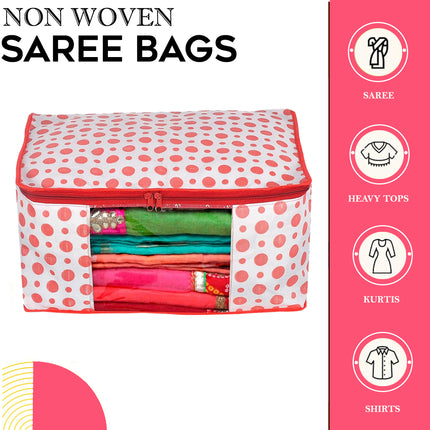 White & Red Polka Dot Printed Clothes Storage Organizer Box with Transparent Window and Zip Closure