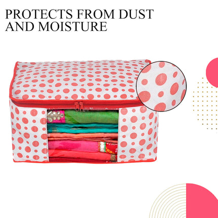 White & Red Polka Dot Printed Clothes Storage Organizer Box with Transparent Window and Zip Closure