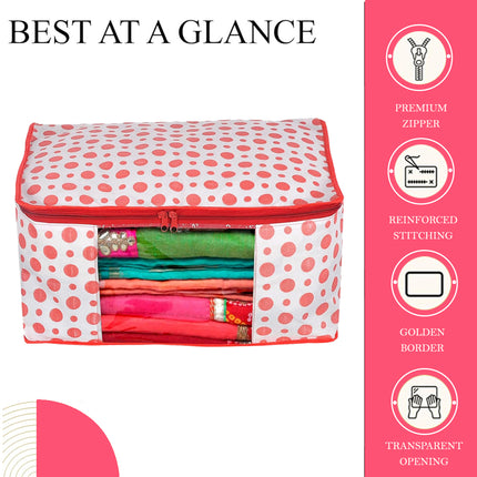 White & Red Polka Dot Printed Clothes Storage Organizer Box with Transparent Window and Zip Closure