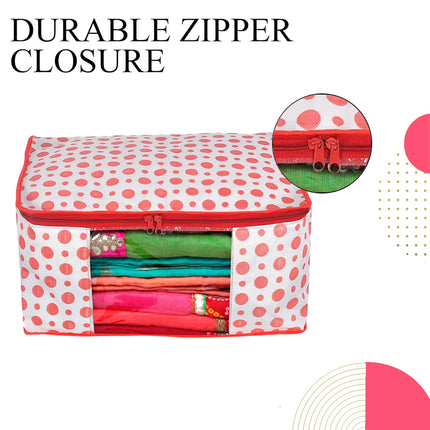 White & Red Polka Dot Printed Clothes Storage Organizer Box with Transparent Window and Zip Closure