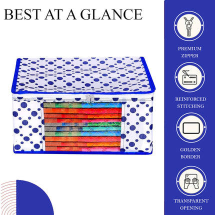 White & Blue Polka Dot Printed Clothes Storage Organizer Box with Transparent Window and Zip Closure