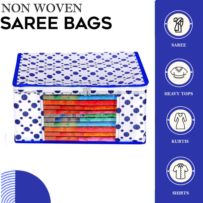 White & Blue Polka Dot Printed Clothes Storage Organizer Box with Transparent Window and Zip Closure