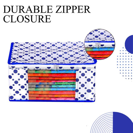 White & Blue Polka Dot Printed Clothes Storage Organizer Box with Transparent Window and Zip Closure