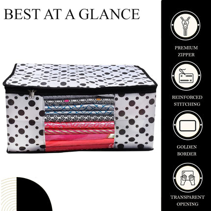 White & Black Polka Dot Printed Clothes Storage Organizer Box with Transparent Window and Zip Closure