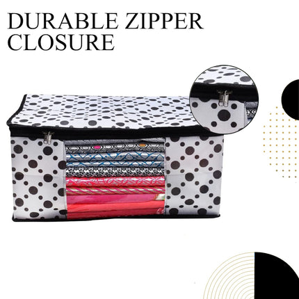 White & Black Polka Dot Printed Clothes Storage Organizer Box with Transparent Window and Zip Closure