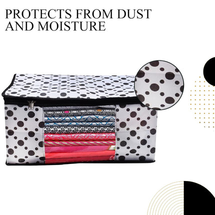 White & Black Polka Dot Printed Clothes Storage Organizer Box with Transparent Window and Zip Closure