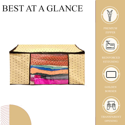Beige Polka Dot Printed Clothes Storage Organizer Box with Transparent Window and Zip Closure
