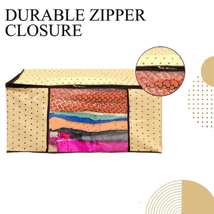 Beige Polka Dot Printed Clothes Storage Organizer Box with Transparent Window and Zip Closure