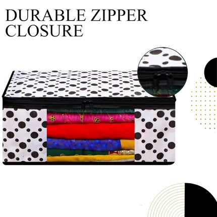 White & Black Polka Dot Printed Clothes Storage Organizer Box with Transparent Window and Zip Closure