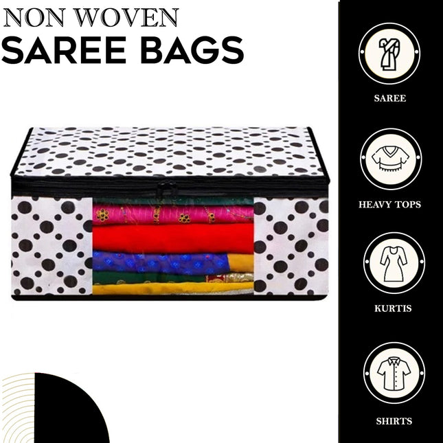 White & Black Polka Dot Printed Clothes Storage Organizer Box with Transparent Window and Zip Closure