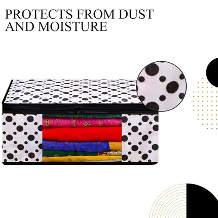 White & Black Polka Dot Printed Clothes Storage Organizer Box with Transparent Window and Zip Closure