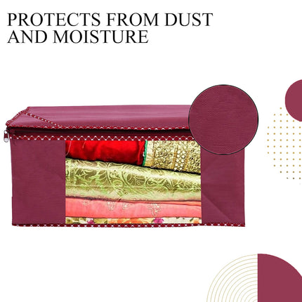 Maroon Saree Storage Cover with Decorative Border, Zip & Transparent Window
