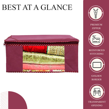Maroon Saree Storage Cover with Decorative Border, Zip & Transparent Window