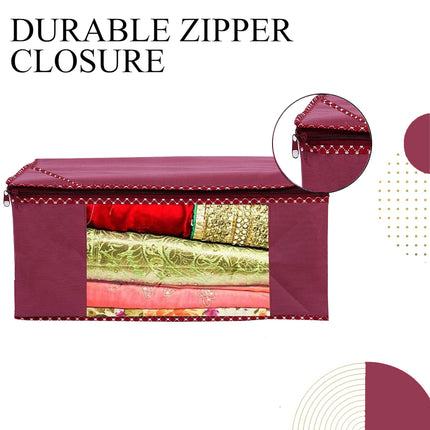 Maroon Saree Storage Cover with Decorative Border, Zip & Transparent Window