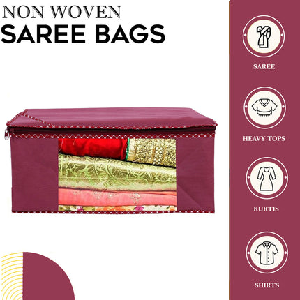 Maroon Saree Storage Cover with Decorative Border, Zip & Transparent Window