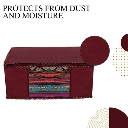 Maroon Saree Storage Cover with Decorative Border, Zip & Transparent Window