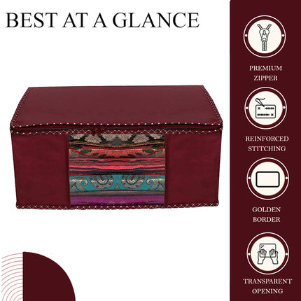 Maroon Saree Storage Cover with Decorative Border, Zip & Transparent Window
