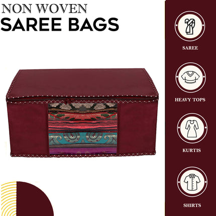 Maroon Saree Storage Cover with Decorative Border, Zip & Transparent Window