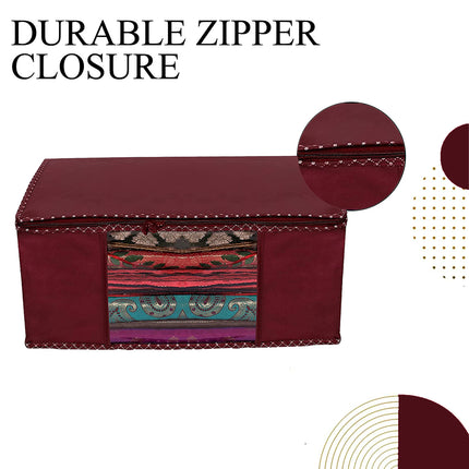 Maroon Saree Storage Cover with Decorative Border, Zip & Transparent Window